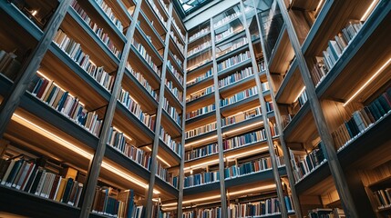 Obraz premium The soaring shelves of a contemporary library stretch elegantly toward the ceiling, highlighting innovative architecture and design.