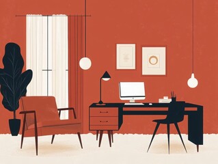 Illustration of a minimalist home office featuring a mid-century chair, modern desk, and computer, set against a bold red wall.