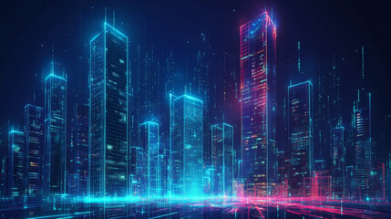 Vision of a smart digital city showcasing high-rise towers in a futuristic urban setting. Includes abstract digital buildings and virtual reality elements, depicted in a modern technology.