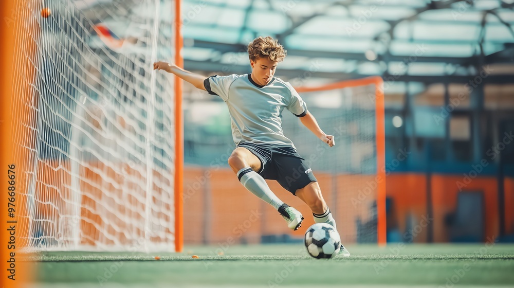 Poster A young man kicks a soccer ball towards the goal.