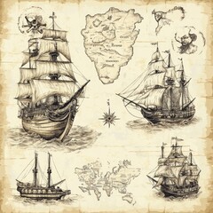 Antique Sketch of Ships  Maps  and Nautical Elements
