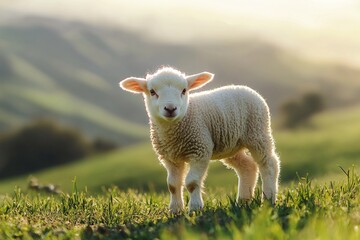 Obraz premium A fluffy lamb explores a sun-drenched pasture, its inquisitive gaze contrasting with the soft undulations of the landscape.