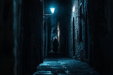 In a dimly lit passage, a lurking figure with a malevolent smile exudes an air of foreboding.