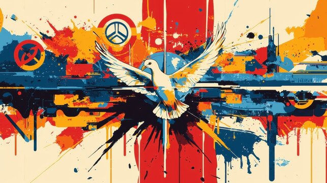 Retro 1970s Hippie Culture Collage with Peace Symbols, Doves, and Flower Power on Tie-Dye Background for Nostalgic Vibes