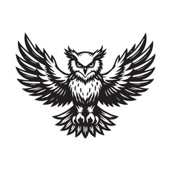 Obraz premium Owl Outline Clipart - An Owl Spread Wings vector illustration in black and white 