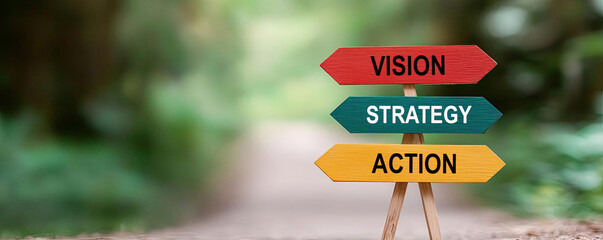 A conceptual image of a path with signposts labeled Vision, Strategy, and Action, representing the stages of a strategic planning framework
