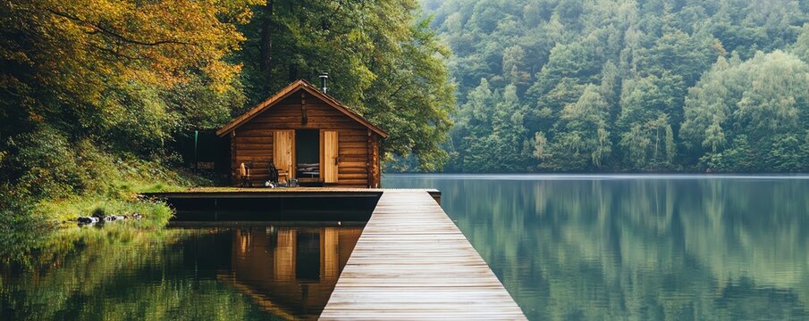Cozy wooden cabin by the lake in a forest with stunning reflections on calm water and autumn foliage.