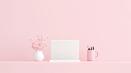 Elegant and Minimalist Desk Setup with Laptop and Floral