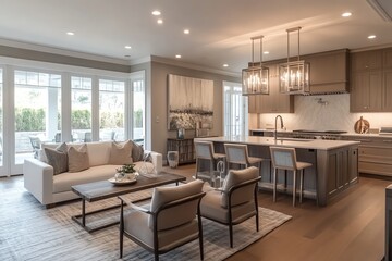 Modern open-concept living room and kitchen with stylish furniture and large windows, featuring pendant lighting and wood flooring.