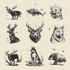 Naklejka premium Hand Drawn Wildlife Sketch Set Deer Wolf Bear Cougar Fish