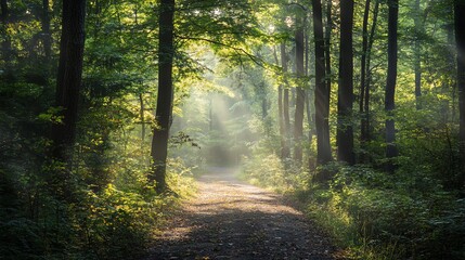 Obraz premium A path in a forest with sunlight shining through the trees.