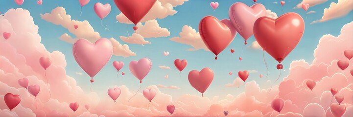 Heart-Shaped Hot Air Balloons Floating in a Dreamy Sky, Valentine's Day Fantasy Scene