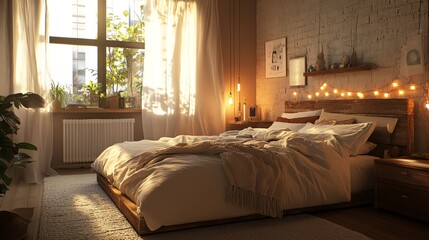 Cozy bedroom with soft lighting and a comfortable bed, decorated with string lights, plants, and warm tones, creating a serene ambiance.