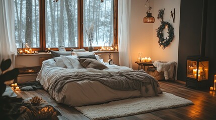 Cozy bedroom with rustic decor, large windows, and a warm ambiance provided by soft lighting and candles, creating a serene winter retreat.