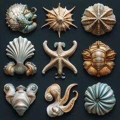 Abstract Sea Shell Collection  Gold and Blue  3D Render