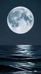 A monumental, gleaming full moon, with every crater and texture meticulously rendered, hangs low in a serene night sky, its silvery light dancing across undulating waves that stretch towards the horiz