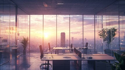 A futuristic, open-plan office with clean, minimal decor, large glass partitions, and a panoramic view of the distant skyline, bathed in the soft glow of early morning light