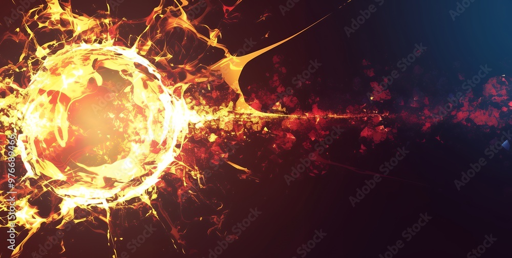 Wall mural abstract fiery sphere bursting with energy, radiating bright light and heat, creating an intense and