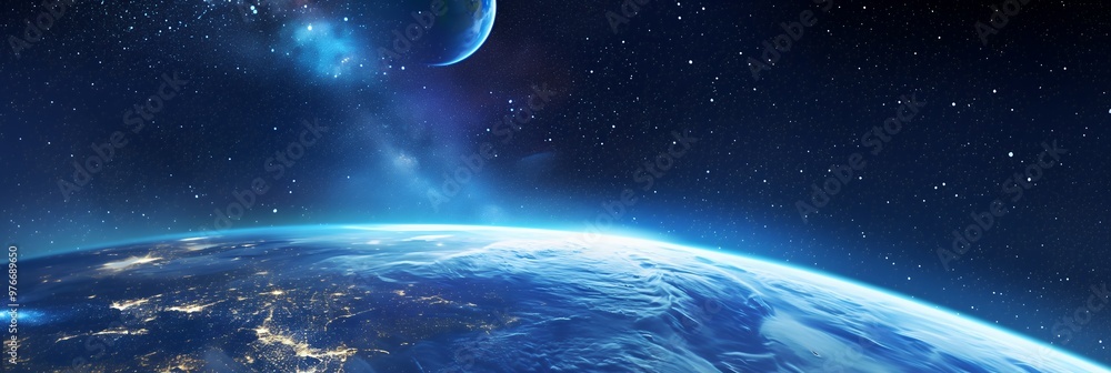 Wall mural a stunning view of earth from space, with a celestial body in the distance and a starry sky above.