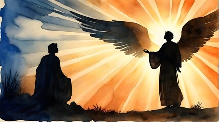 The Angel’s Warning to Joseph, An angel appearing in a dream to Joseph, warning him to take Mary and Jesus and flee to Egypt, silhouettes watercolor. 