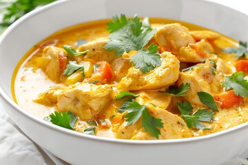 A bowl of food with parsley isolated on a white background