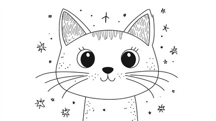 Obraz premium A black and white line drawing of a cat with big eyes and a smile.