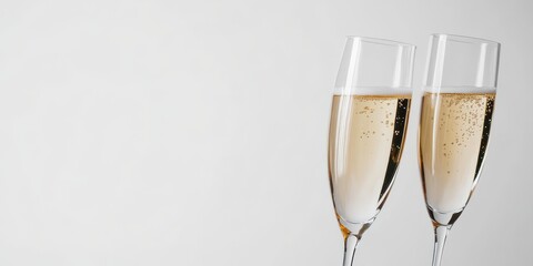 Image shows two champagne glasses filled with sparkling beverage, symbolizing celebration and joy, against a plain background, perfect for festive occasions and celebrations.