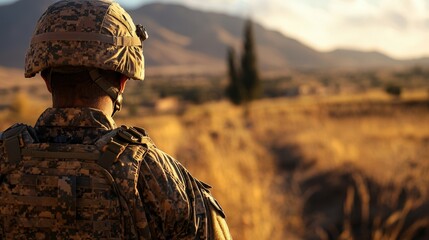 Fototapeta premium A soldier stands vigilant in a sunset landscape, reflecting dedication and duty in a serene environment.