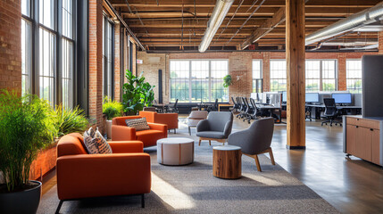 An open office layout with comfortable seating areas and collaborative zones.