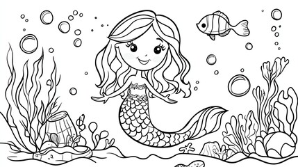 Fototapeta premium A line drawing of a mermaid with long hair and a fish tail.