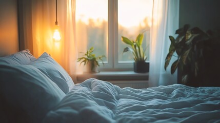 Fototapeta premium Cozy bedroom with soft morning light, white linens, and potted plants, creating a serene and inviting atmosphere.