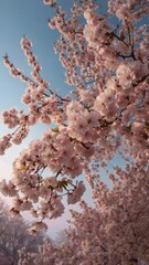 Fototapeta premium A realistic landscape featuring an enormous cherry blossom tree in full bloom, its branches stretching high and wide, covered in countless delicate pink petals. The tree stands majestically in the cen