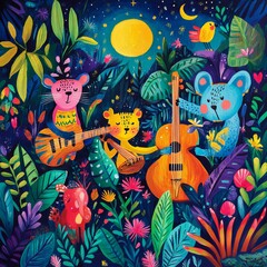 Colorful Animals Playing Music in a Nighttime Jungle
