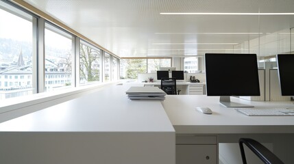 Alpine white desks in a minimalist Zurich office, clean and professional blur.