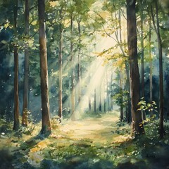Obraz premium Watercolor Painting of a Forest Path with Sunlight Streaming Through the Trees