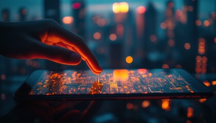 A hand hovers over a tablet with a glowing city skyline in the background.