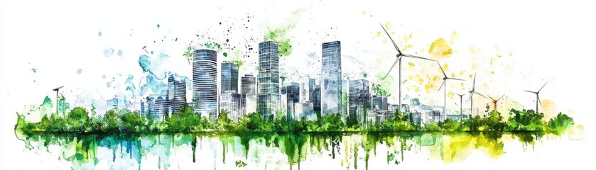 Obraz premium A vibrant urban landscape with wind turbines, representing sustainable development and eco-friendly city planning.