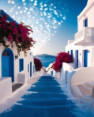 Retro illustration of a street on the island of Santorini. Blue and white are pastel and saturated. This street, which leads down to the Aegean Sea, looks like a poster from the 1950s and 60s, with bo