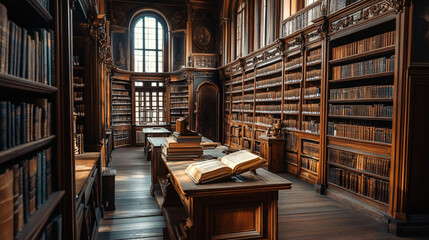 Fototapeta premium An old library with traditional wooden shelves and antique decor.