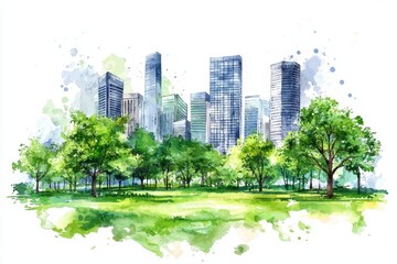 Obraz premium A vibrant watercolor painting of a city skyline framed by lush green trees in a serene park setting.