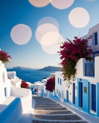 Naklejka premium Retro illustration of a street on the island of Santorini. Blue and white are pastel and saturated. This street, which leads down to the Aegean Sea, looks like a poster from the 1950s and 60s, with bo