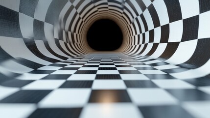 A tunnel with a checkered pattern leading into darkness.