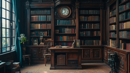 An old library with traditional wooden shelves and antique decor.