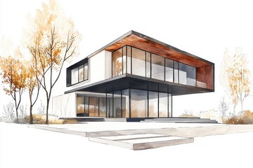 Modern architectural design featuring large glass windows and wooden accents surrounded by autumn foliage.