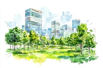 Obraz premium Vibrant watercolor illustration of a modern city skyline surrounded by lush green trees and open green spaces.