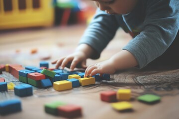Obraz premium Young child playing with colorful building blocks on the floor, focusing on enhancing motor skills and creativity during playtime.