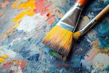 Fototapeta premium Close-up of paintbrushes on a colorful palette with various paint strokes, perfect for illustrating creativity and artistic endeavors.