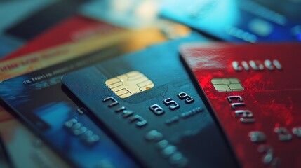 Table with plastic credit cards in macro perspective