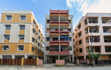 Residential high-rise apartment buildings with view of city road at Rajarhat area at Kolkata, India.
