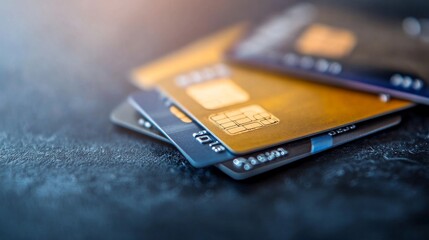 Table with plastic credit cards in macro perspective